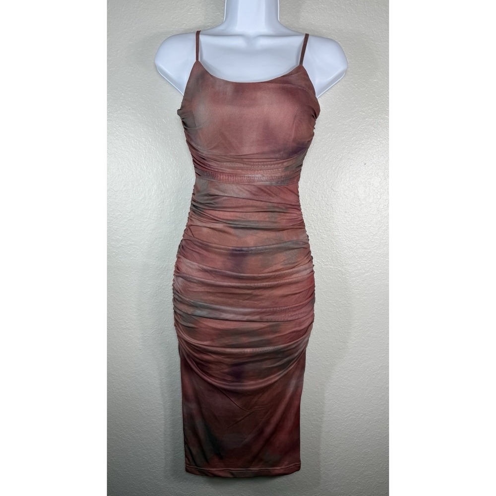 Women's brown ruched mesh bodycon midi dress Size S Cocktail Party
